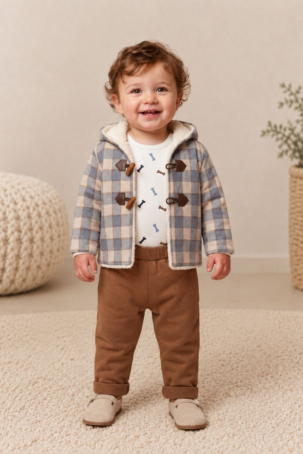BABY BOY PLUSH COAT BADI PANTS 3-PIECE SET